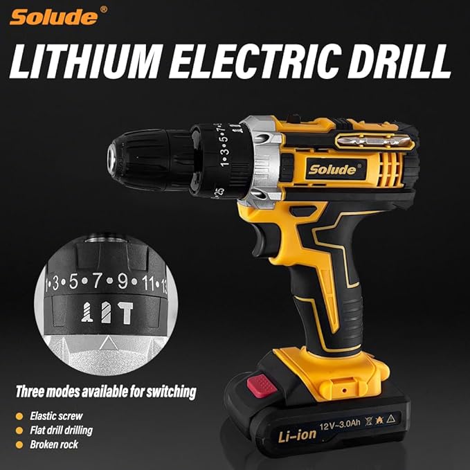 SOLUDE Cordless Drill,12V Power Drill Set with 2 Pack 3.0AH Li-ion Battery, 3/8” Keyless Chuck, 2 Variable Speed,25+1 Position and 23pcs Drill/Driver Bits