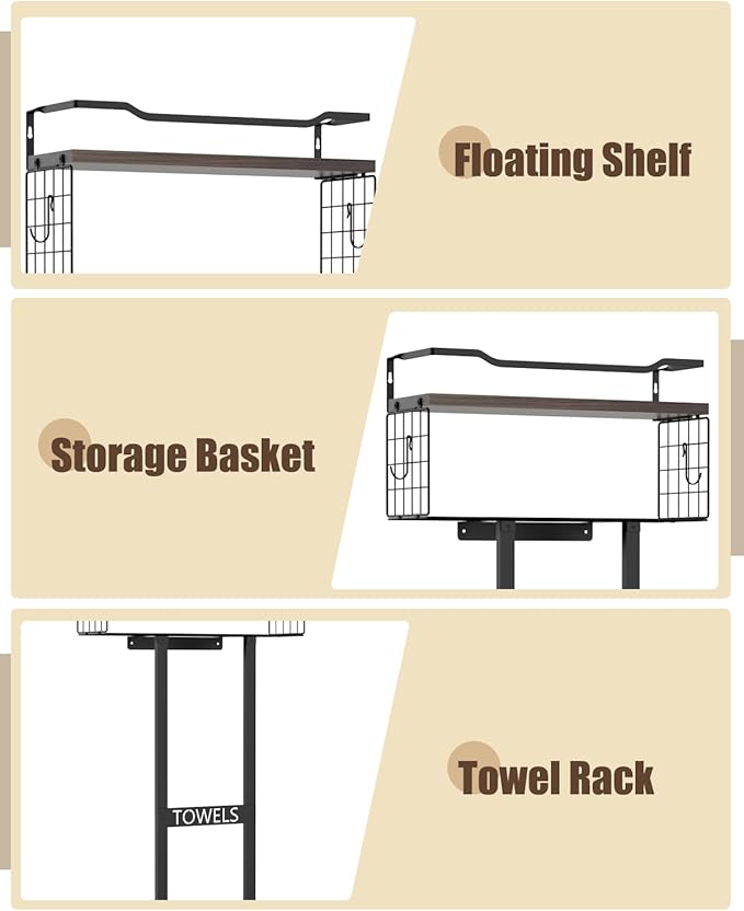 Large Towel Rack & Bathroom Towel Holder - Wall Mounted Metal Rack with Wooden Floating Shelf, Small Bathroom Towel Storage, Easy Holds 6 Large Rolled Towels, Black with Brown Plank