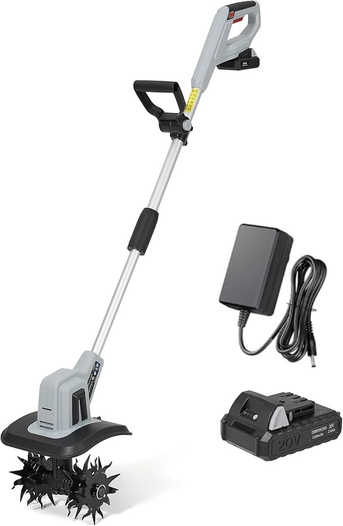 20V Cordless Tiller Cultivator, 360RPM Electric Garden Tiller with 2.0Ah Battery & Charger, 9" Tilling Width, 6.6" Depth, Ideal for Lawn, Garden Beds, and Soil Cultivation
