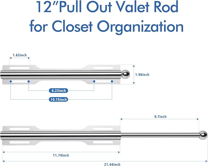 FIRJOY 12" Valet Rod for Closet Pull Out (2 Pack, Chrome)