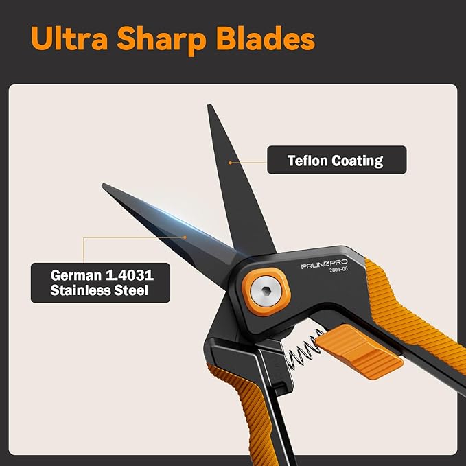 PrunePro Pruning Shears Gardening Scissors Set Professional Hand Pruner Sharp Stainless Steel Blade Teflon Coating Garden Scissors Plant Flower Garden Clipper Orange