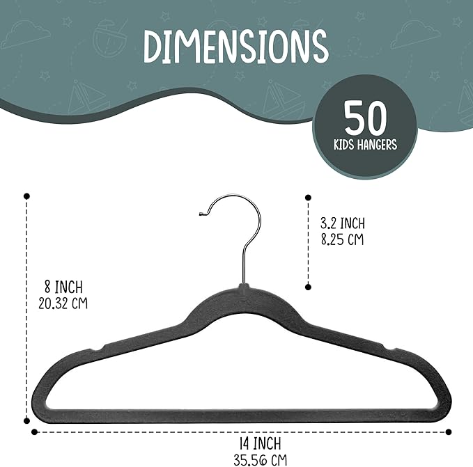 TechZoo 50 Premium Kids Velvet Hangers - 14" Non-Slip Clothes Hangers for Kids & Preteens - Ultra Slim, Space-Saving, Strong & Durable Hangers with 360° Swivel Hook - Black
