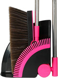 Triangular Indoor Broom and Dustpan Comb Set, 180° Rotating, Soft Bristle Long Handle Upright Sweeping Angled Broom with Self-Cleaning Teeth for Home, Kitchen, Office, Wood Floor (Black Pink)