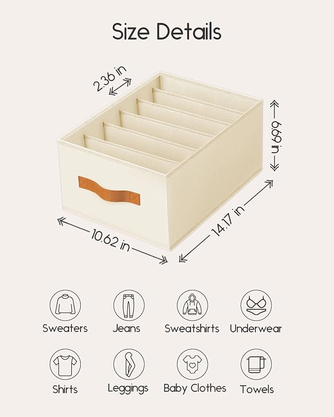 Homsorout Closet Organizers and Storage - Fabric Clothes Organizer with Handles, Foldable Jeans Organizer for Clothes, Drawer Organizer for Shirts, Bra, Sweater, Scarf, 4 Pack, Beige
