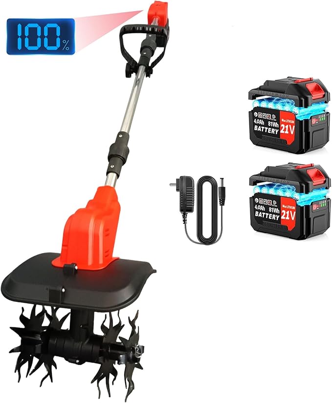 Cordless Tiller Cultivator, 360PRM Electric Garden Tiller, with 2X4.0Ah Batteries & LCD Display, 48 Steel Tines, 9" Tilling Width, 6.6" Depth, Battery Powered Rotary Tiller Lawn/Soil Cultivation