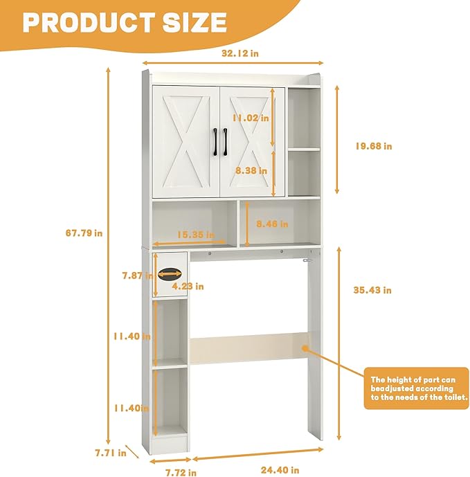 Over The Toilet Storage Cabinet, 32" W Over Toilet Bathroom Organizer with Toilet Paper Holder Stand, Home Space-Saving Toilet Rack for Bathroom, Restroom (2 Barn Doors+Open Shelf, White)