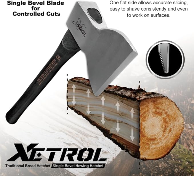 Traditional Broad Axe 36oz, Wood Axe, Biber Classic Carpenter's Hatchet, Straight Wooden Handle & Forged Steel Head, Hickory Handle, Outdoor Wood Splitting Chopping & Carving Tool