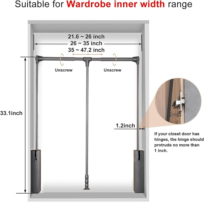 Pull Down Closet Rod for Hanging Clothes, Retractable Wardrobe Hanger for Cabinet Inside Width 26"~35", Aluminium alloy Tubing with Plastic Housing, 44 lb Weight Rating