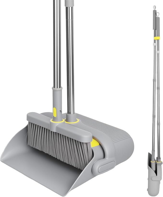 Upgrade Broom and Dustpan Set 180° Rotatable Head with 61" Extra Long Adjustable Handle Self-Cleaning Dustpan Teeth&Zero Gap Indoor Outdoor Sweeping for Home Kitchen Office Pet Hair-Gray&Yellow