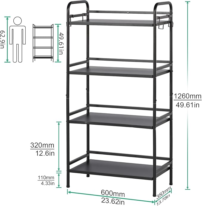 HDANI 4-Tier Metal Storage Rack with Shelf, Storage Shelves, Shelf Organizer, Garage Standing Shelving Unit for Laundry, Bathroom, Kitchen, Pantry, Closet, 23.6''W x 13.8''D x 50''H, Black