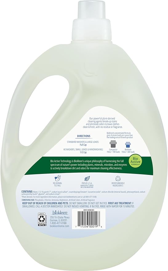 Biokleen Free & Clear Natural 3X Concentrated Liquid Laundry Detergent, 300 Loads, Plant-Based, Hypoallergenic, Removes Stains & Fights Odors, Dye Free, Unscented