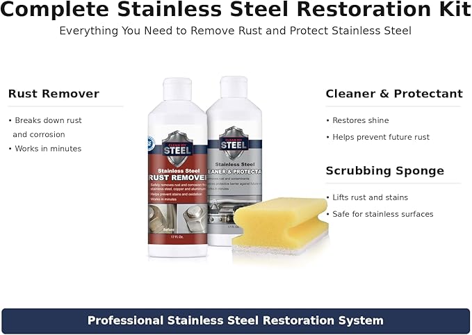 CLEAN MY STEEL Stainless Steel Rust Stain Remover, Protector & Cleaner Kit, Concentrated Formula, for Commercial Use, Appliances. Gloves & Sponge Included (17 oz)