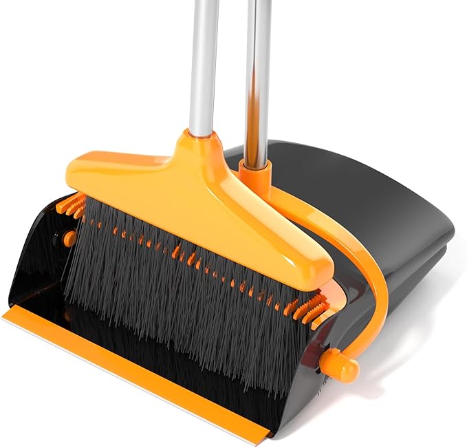 Broom and Dustpan Set for Home Long Handle (51" Length) Extendable Standing Dust Pan for Indoor Lobby Office Kitchen Cleaning (Black and Orange)