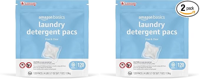 Amazon Basics Laundry Detergent, Hypoallergenic, Free & Clear, (New Packaging), 120 Count (Pack of 2)