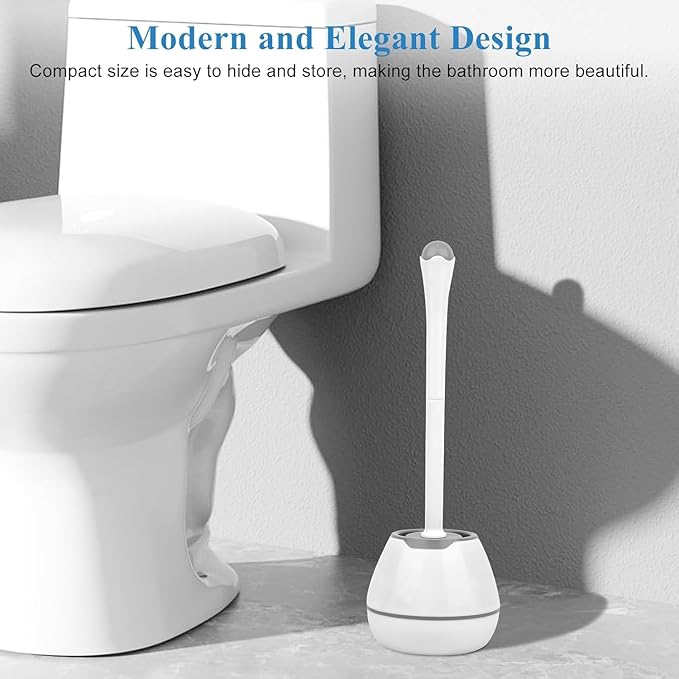 Toilet Brush and Holder, Toilet Bowl Brush with Long Handle, Plastic Holder Easy to Hide, Drip-Proof, Easy to Assemble, Deep Cleaning