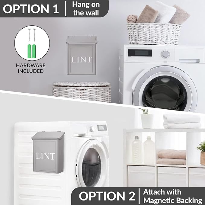 Calindiana Modern Farmhouse Metal Magnetic Lint Bin for Laundry Room Decor and Accessories with Lid and Laundry Room Organization and Storage Wall Mount Space Saving Washer and Dryer Trash Can (Grey)
