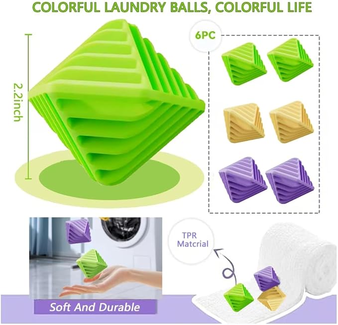 Reusable Dryer Balls Anti Static, 6 PCS Laundry Agitator Balls for Laundry, Blue Purple Yellow Non-Toxic Washing Balls Tangle Free for Washer, Softens Fabrics, Prevents Tangles, Rubik Cube