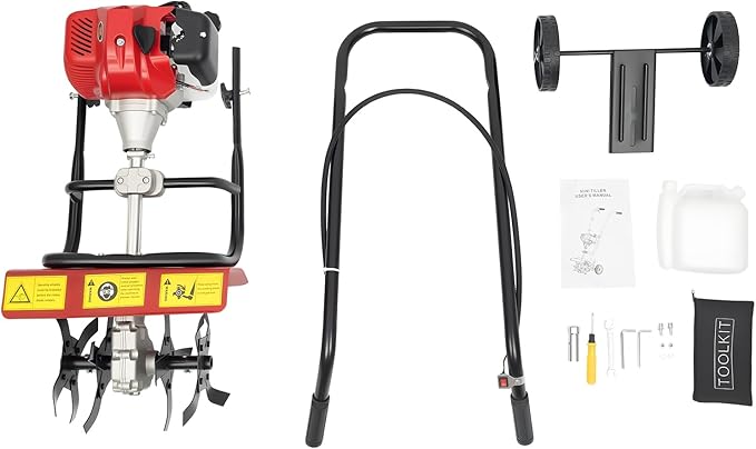 Gas Powered Tiller, 52Cc 2 Stroke Garden Yard Rototiller Tilling Cultivator Heavy Duty Gasoline Tiller with Adjustable Wheels & Long Handle for Plowing Turning Soil Ditching 1900W (52CC 2-Stroke)