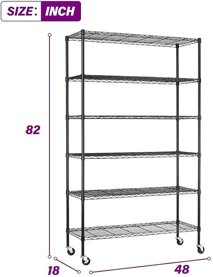 FDW | 6-Tier Wire Storage Shelves with Wheels | 45"x18"x82" | Black | Adjustable Racks | Heavy-Duty Metal Shelf, Holds Upto 2100 lbs | Tool-Free Assembly, Rust-Resistant | for Home & Garage Shelving