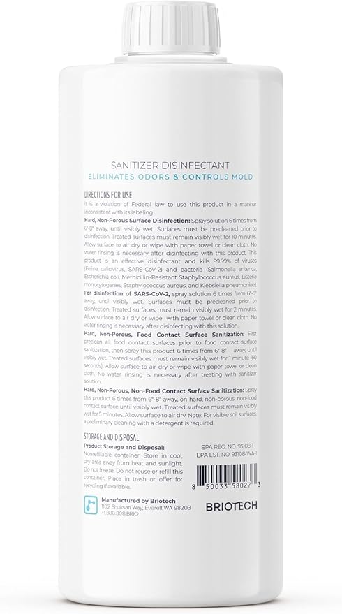 BRIOTECH Sanitizer Disinfectant Hypochlorous Spray, Kill 99.99% of Viruses & Bacteria, Control Mold, Eliminate Odor, Gentle for Nursery & Play Rooms, Food Contact Surface Sanitizer, 32 fl oz Refill
