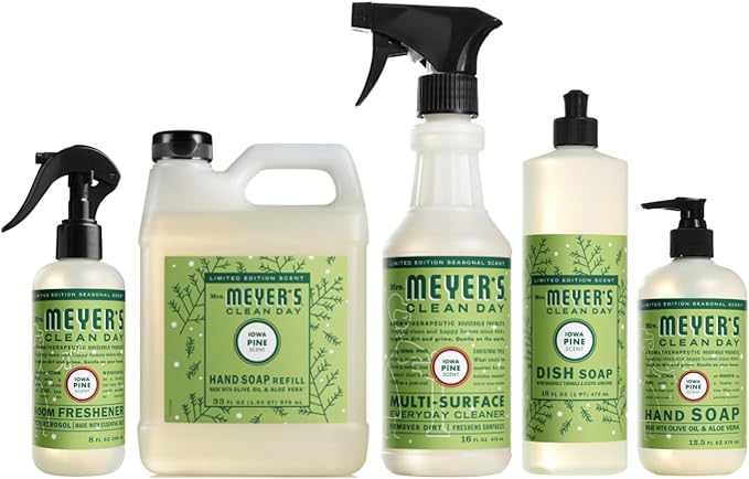 Mrs. MEYER'S Clean Day Iowa Pine Scent Variety Pack, Hand Soap 12.5 OZ, Dish Soap 16 OZ, Multi-Surface Cleaner 16 OZ, Room Freshener 8 OZ, Liquid Hand Soap Refill 33 OZ, 1 CT