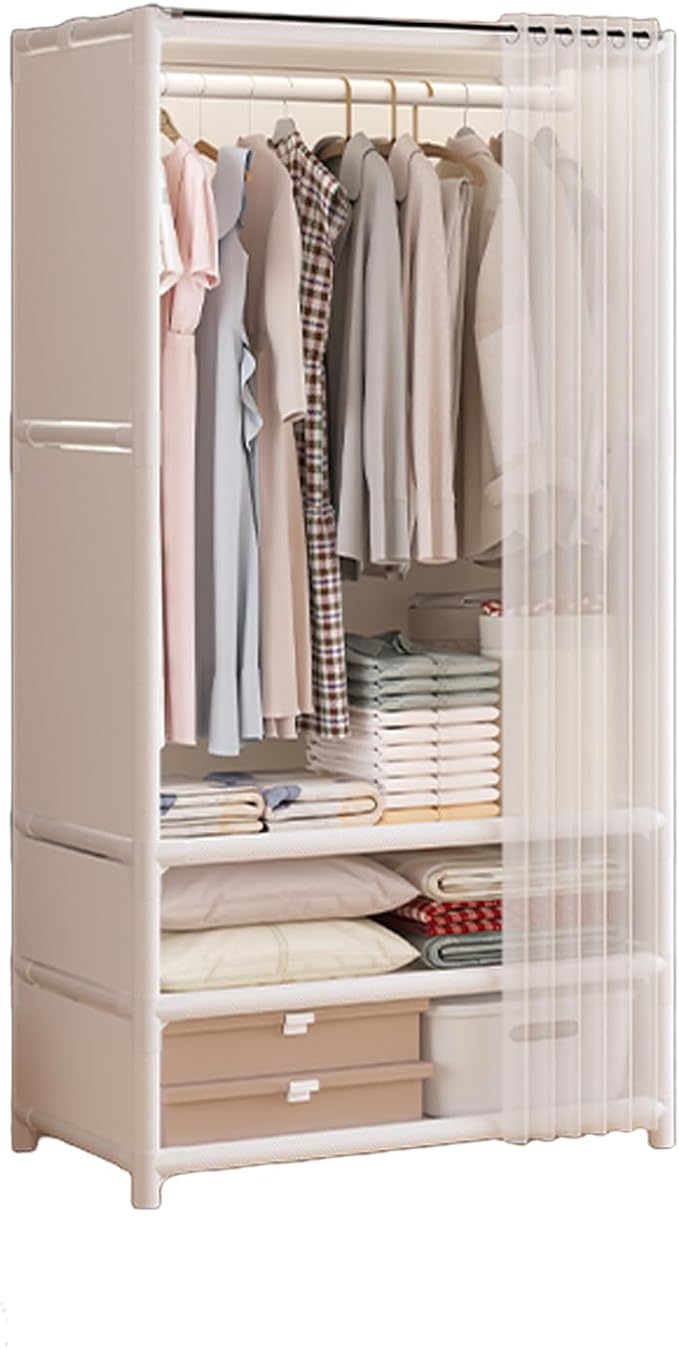 Portable Closet,Portable Closets for Hanging Clothes,Japanese Style Wardrobe with 1 Hanging Rods,2 Storage Shelves,27.5" L x 17.7" W x 65.1" H,White