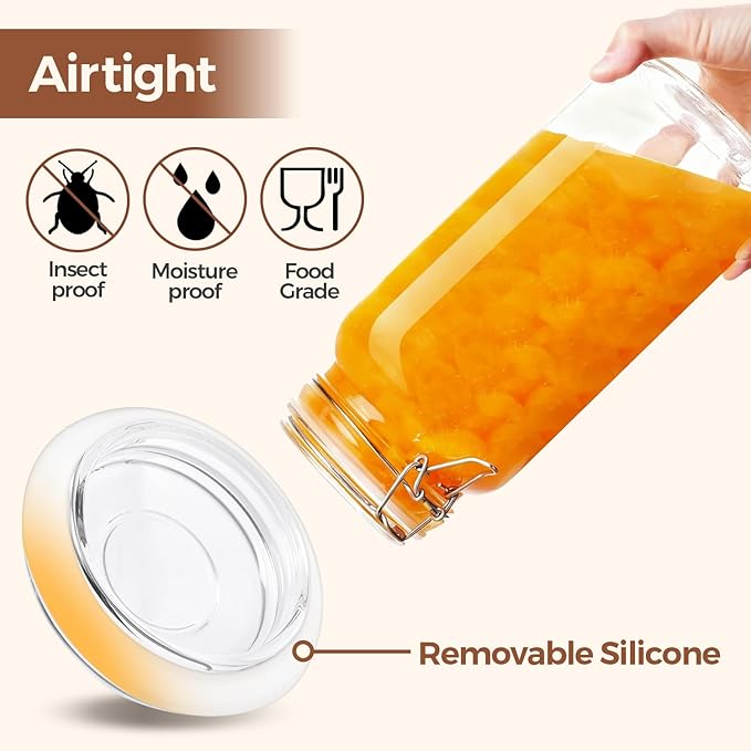 ComSaf 3-Pack 78oz Large Square Airtight Glass Jars for Bulk Food, Holds a 4lb Bag of Sugar or 5lb of Rice, Wide Mouth Canister for Flour, Coffee & Pantry Organization