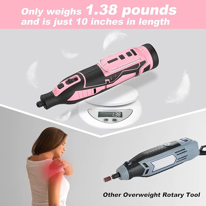 WORKPRO Pink 12V Cordless Rotary Tool Kit, 5 Variable Speeds, Powerful Engraver, Sander, Polisher, 114 Easy Change Accessories, Craft Tool for Handmade and DIY - Pink Ribbon