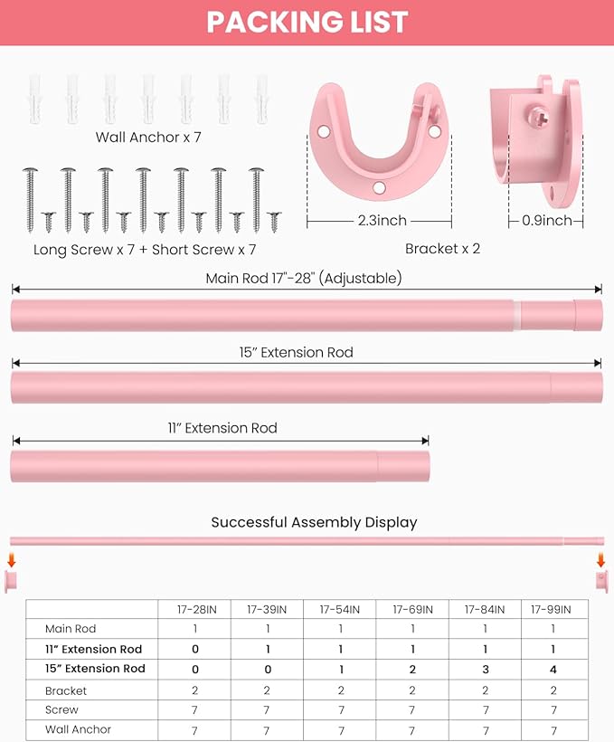 Supforce Closet Rods for Hanging Clothes, 17 to 54 Inches Stepless Adjustable Metal Closet Rod, 1.3 Inches Heavy Duty Clothes Hanging Rod for Closet Wardrobes Laundry RV, Pink