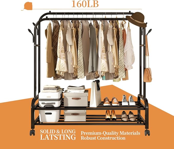 ANTIWAR Clothes Rack for Hanging Clothes, 100% Stainless Steel Clothes Garment, Portable Sturdy Clothes Rack, Extendable Rolling Garment Rack with Wheels, Freestanding Laundry Room