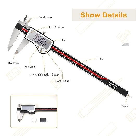 Digital Caliper, 8" Caliper Measuring Tool Extreme Accuracy Waterproof Electronic Vernier Caliper Industrial Stainless Steel Digital, Durable Measuring Tool with Large LCD Screen