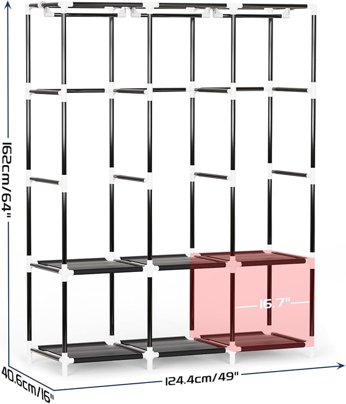 Mavivegue Portable Closet, 50 Inch Wardrobe Closet, Portable Closets for Hanging Clothes with 3 Hanging Rods and 6 Storage Shelves for Bedroom, Gray