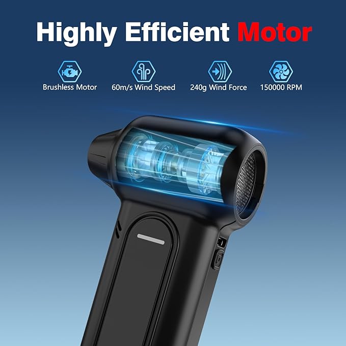 ANABOX Compressed air duster-150000 RPM Compressed Air Duster with LED Light, 8000mAh Rechargeable Battery, 4-Speed Adjustable mini Blower for Keyboard, Computer, Camera, Car, Home, 5 Nozzles