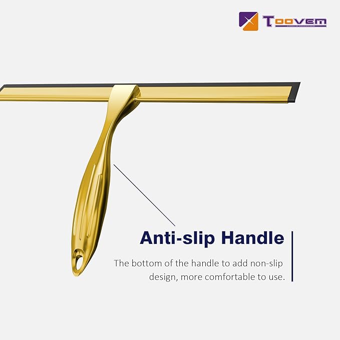 TOOVEM 12 Inch Shower Squeegee for Glass Doors, Window, Bathroom, Car Windshield, Shower Cleaning Tools with S Hook, Square Sticky Hook（Gold）