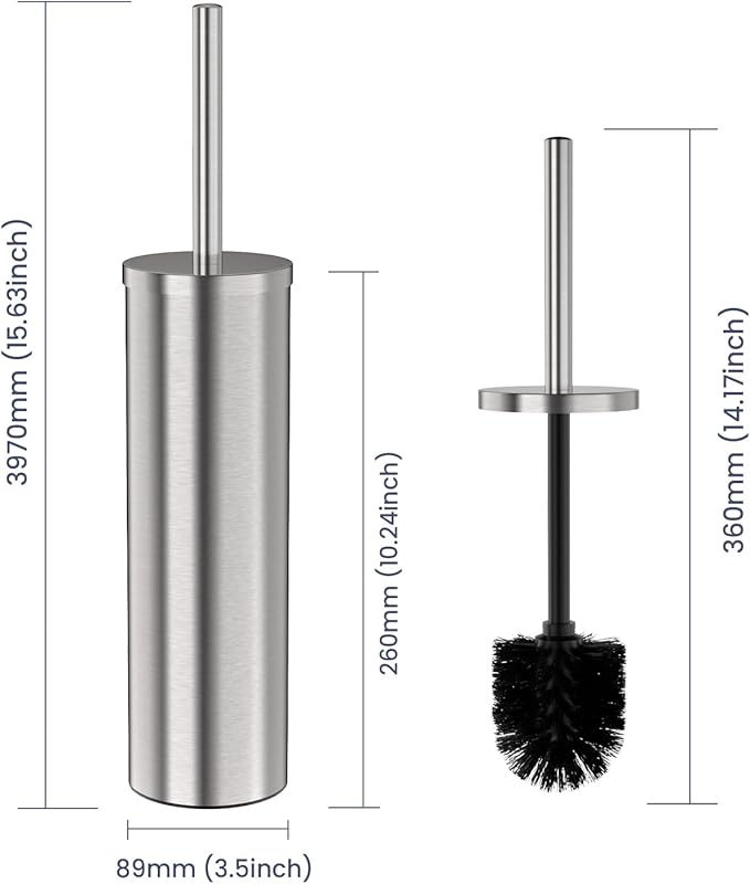 DOWRY Stainless Steel Toilet Bowl Brush and Holder for Bathroom, Deep Cleaning Toilet Brush and Holder Set with Long Handle, Hidden Toilet Bowl Brush with 2 Heads,Modern Decor Nickel Brushed Round