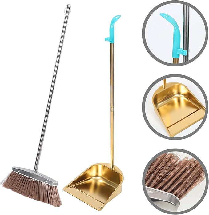 ABOOFAN Gold Stainless Steel Broom and Dustpan Set with Ergonomic Handle for Indoor Outdoor Cleaning Kitchen Garage Workshop Floor Sweeping 35.43X10.62X9.44In