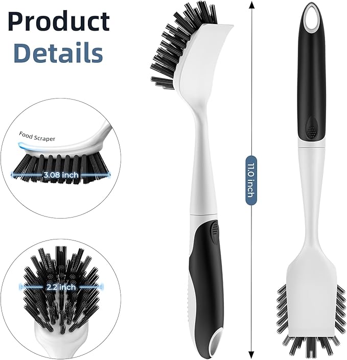 Dish Scrub Brush, 2 Pack Stiff Bristles Cleaning Scrubber Brushes with Non Slip Handle Built-in Scraper, Kitchen Dish Brushes for Cleaning Pans, Pots, Stoves, Sink