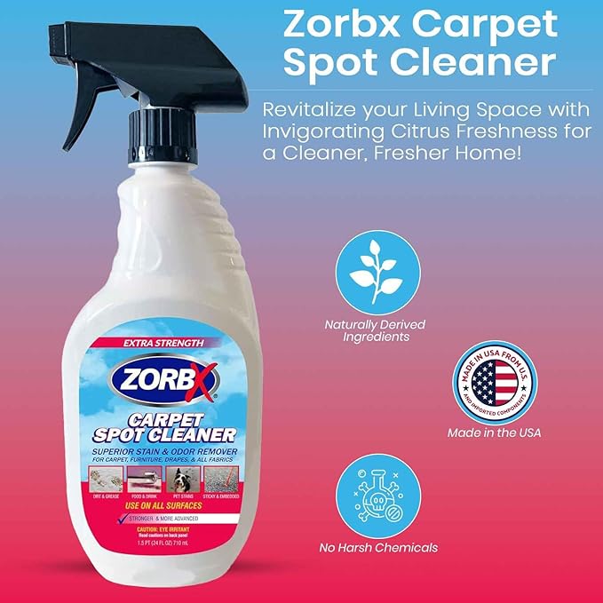 ZORBX Carpet Odor and Stain Remover Spray 24 oz - Perfect Addition to Cleaning Supplies - All-Purpose Carpet Spot Cleaner - Citrus Scented Pet Stain Remover - Fast-Acting Carpet Cleaner Solution