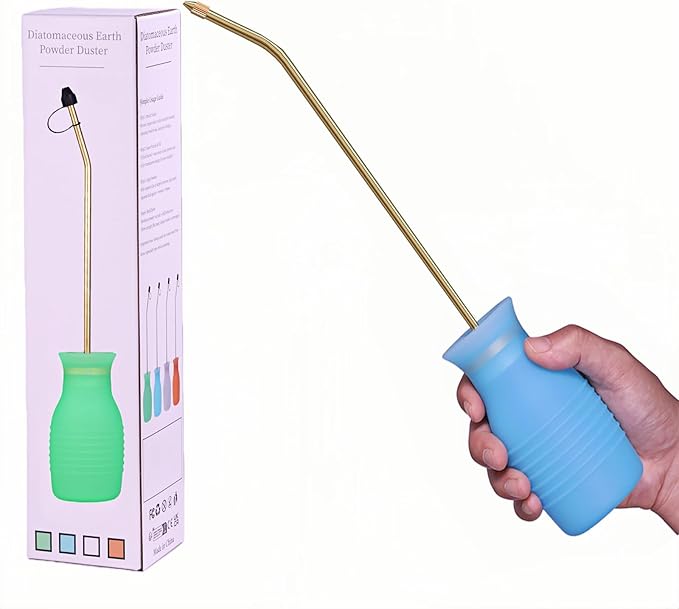 Diatomaceous Earth Duster, 230ml Large, Powder Duster Kit with Long Copper Tube & Folding Funnel, Indoor Outdoor Silicone Sprayer Heavy Duty Bulb Applicator for Home and Garden(Blue)