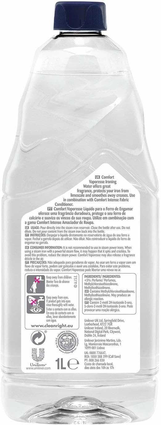 Comfort Ironing Water Fresh Sky Intense Vaporesse Deionised Water Gives Your Laundry a Clean, Fresh and Uplifting Fragrance Prevents Limscale for Easy Ironing 1 Litre (Buy 4)