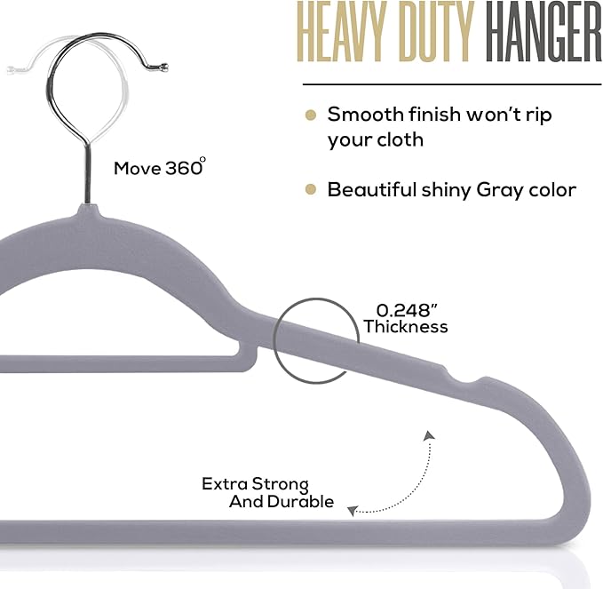 Utopia Home Premium Velvet Hangers 50 Pack - Non-Slip Clothes Hangers with Tie Bar - Grey Hangers - Standard Hangers with 360 Degree Rotatable Hook - Heavy Duty Coat Hangers