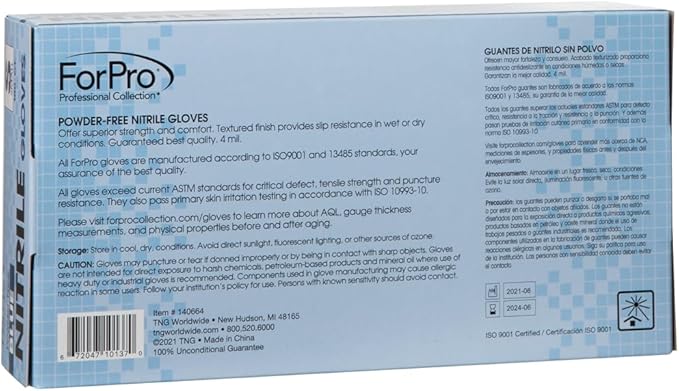 ForPro Disposable Nitrile Gloves, Chemical Resistant, Powder-Free, Latex-Free, Non-Sterile, Food Safe, 4 Mil