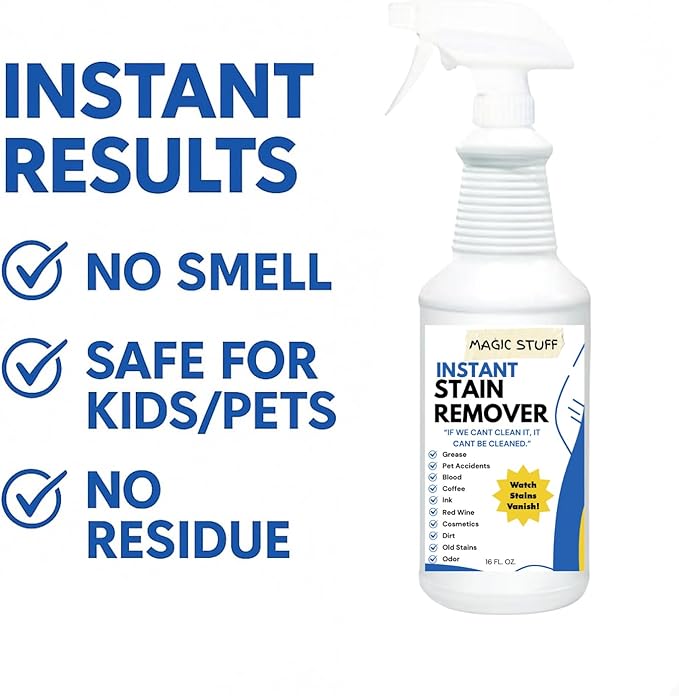 Magic Stuff Instant Stain Remover - Fast-Acting Carpet & Upholstery Cleaner - Removes Food, Wine, Coffee & Pet Stains- Odor-Free, No Rinse, Kid & Pet Safe Formula