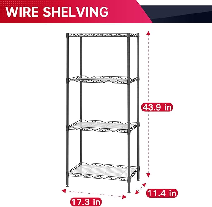 BestOffice 4-Shelf Adjustable Storage Shelving Unit Metal Rack Wire Shelf 600Lbs Capacity with 4 PP Sheets 18L x 12W x 44H for Laundry Bathroom Kitchen Garage,Black