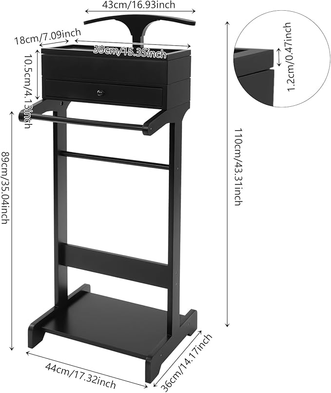 Valet Stand with Drawer and Top Tray, Wood Mens Suit Valet Stand with Wood Base, Freestanding Clothes Valet Stand with Hanger, Storage Organizer for Entryway Office Living Room (E, Black)