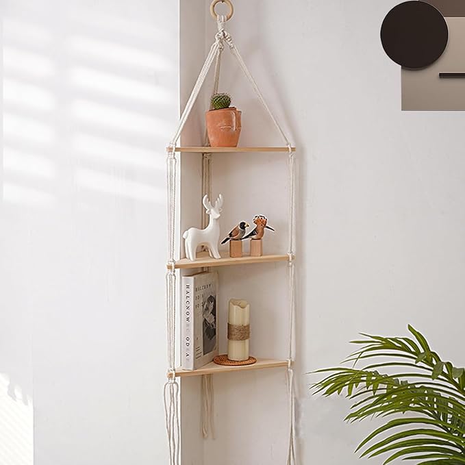 Hanging Shelf with Natural Wood, 3-Tier Rope Shelf | Handmade Boho Wall Decor for Floating Display, Ideal for Plants, Photos & Storage in Bathroom, Bedroom, Living Room & Nursery
