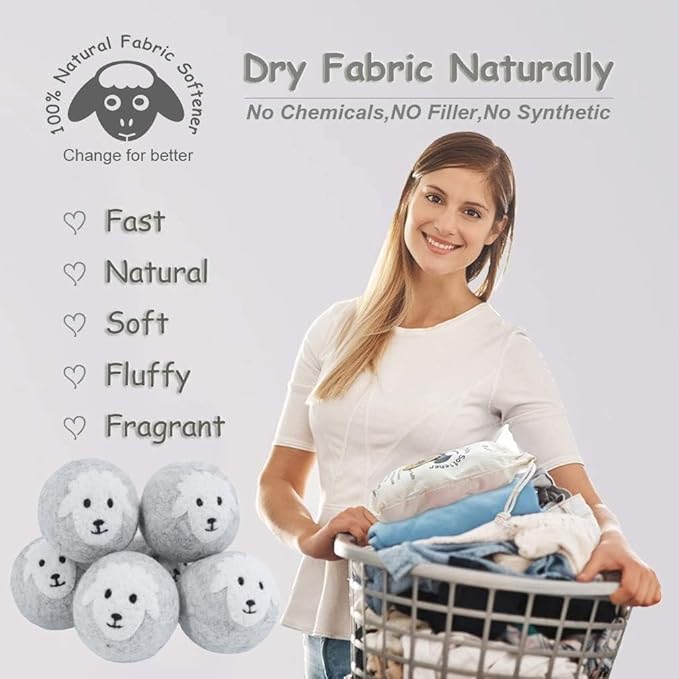 Budieggs Wool Dryer Balls Organic XL 6-Pack, 100% New Zealand Chemical Free Fabric Softener for 1000+ Loads, Baby Safe & Hypoallergenic, Reduce Wrinkles & Shorten Drying Time Naturally (Grey Sheep)