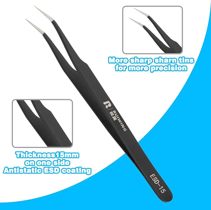 6PCS Precision Tweezers Set, ESD Anti-Static Heavy-Duty Stainless Steel Electronic Tweezers for Electronics Repair, Laboratory, Soldering, Jewelry Making Tools Straight & Curved Tips, Precision Tools