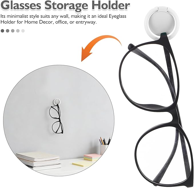 8pcs Wall Mounted Sunglass Holder - 180° Folding Eyewear Storage Organizer - Adhesive Glasses Holder for Home Office Car Driver Workshop White