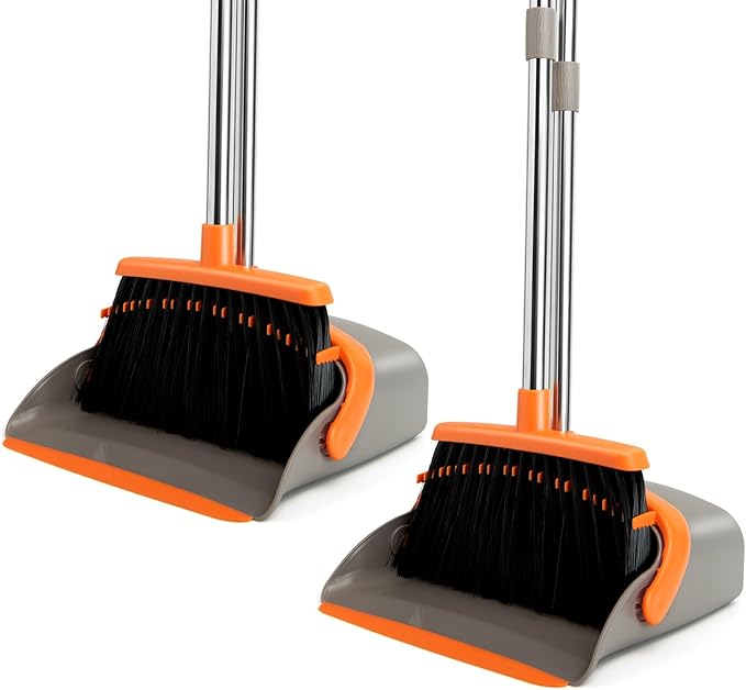 2-Pack Broom and Dustpan Set with Long Handle, Heavy Dust Broom and Dustpan Combo for Home，Kitchen, Office, Pet Hair(Gray Orange)